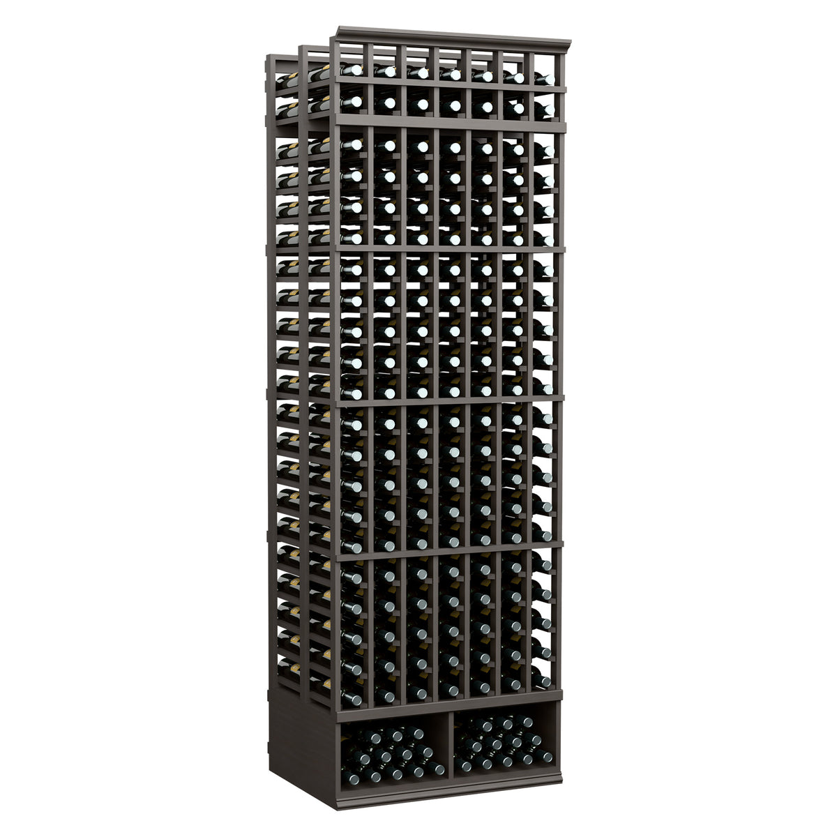 8-ft 7-column double deep wine rack, dark wood frame bottle slots