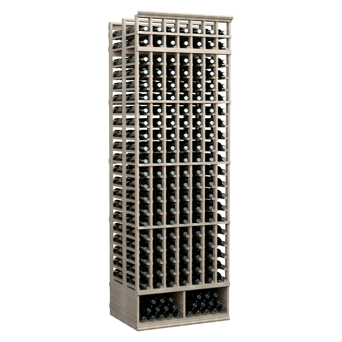 Grey 8-ft double-deep wine bottle rack with 7-column grid openings