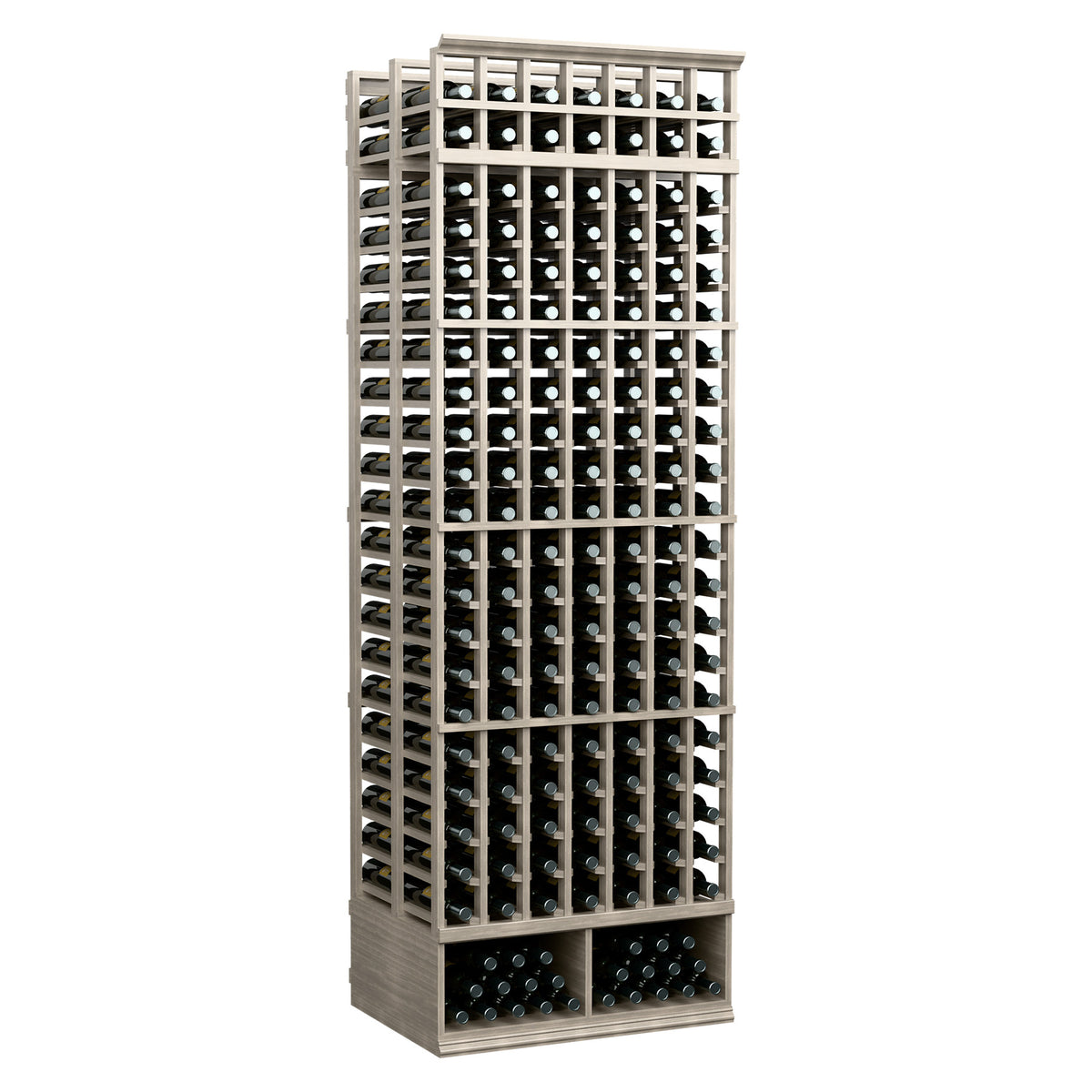 Silver-grey 8-ft double-deep wine bottle rack with 7-column grid openings