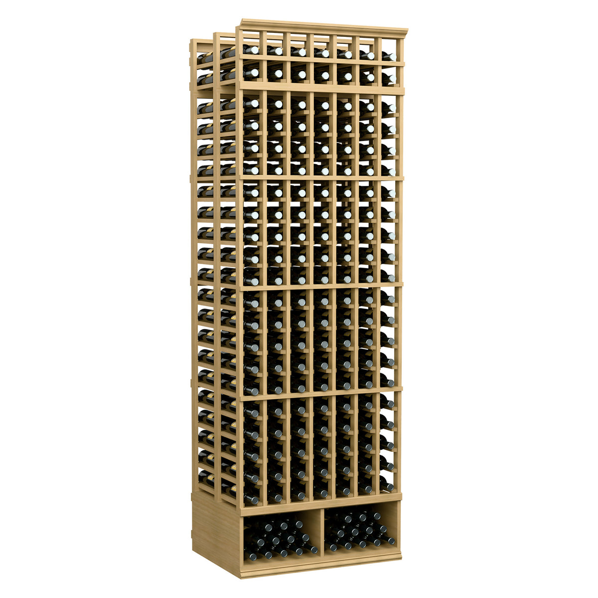 Light wood 8-ft double-deep wine bottle rack with 7-column grid openings
