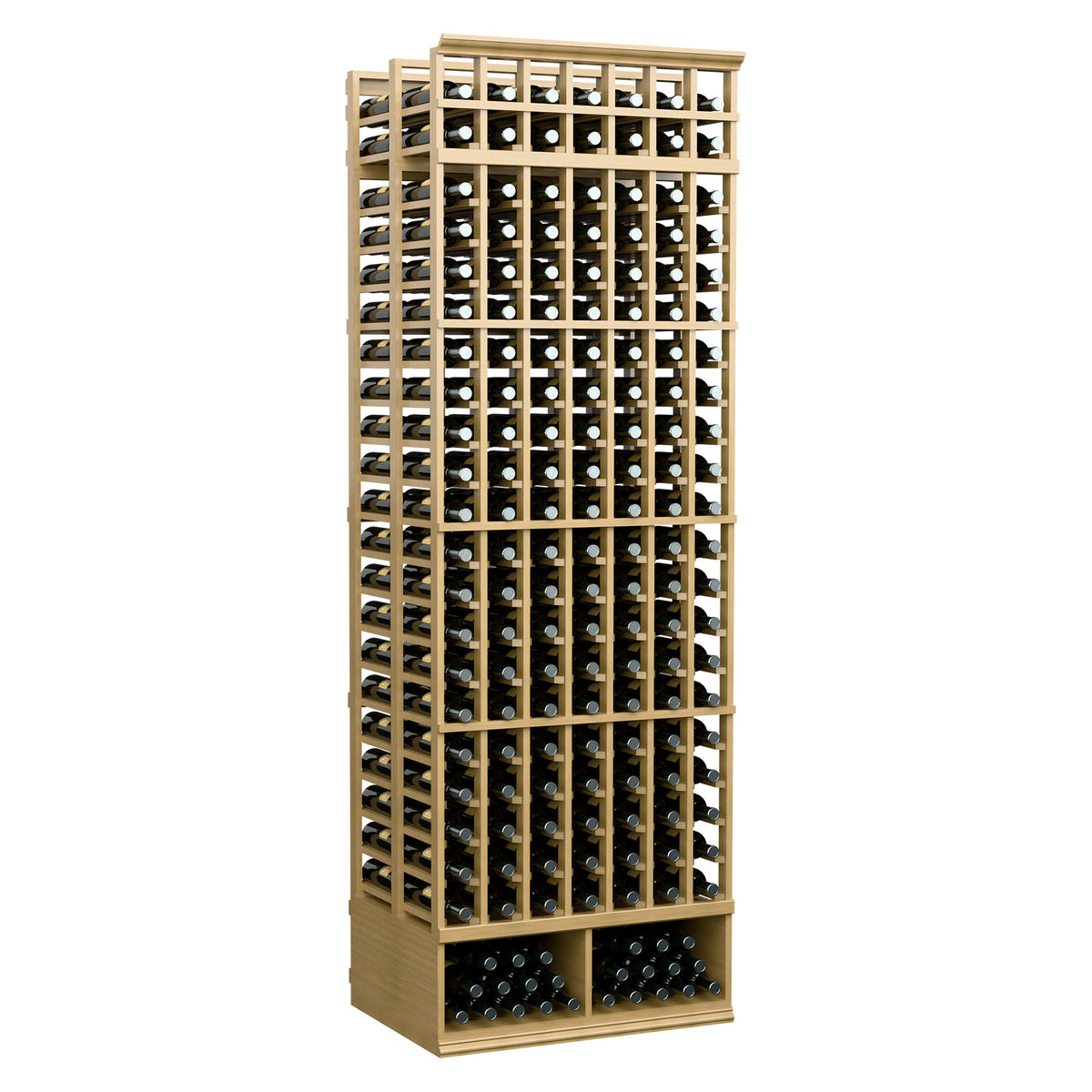 Warm light wood 8-ft double-deep wine bottle rack with 7-column grid openings