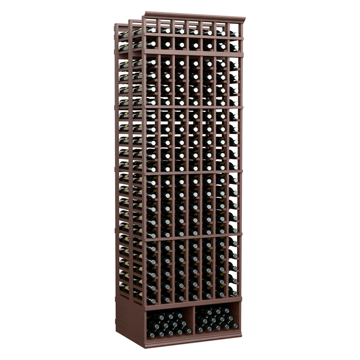 Walnut-brown 8-ft double-deep wine bottle rack with 7-column grid openings