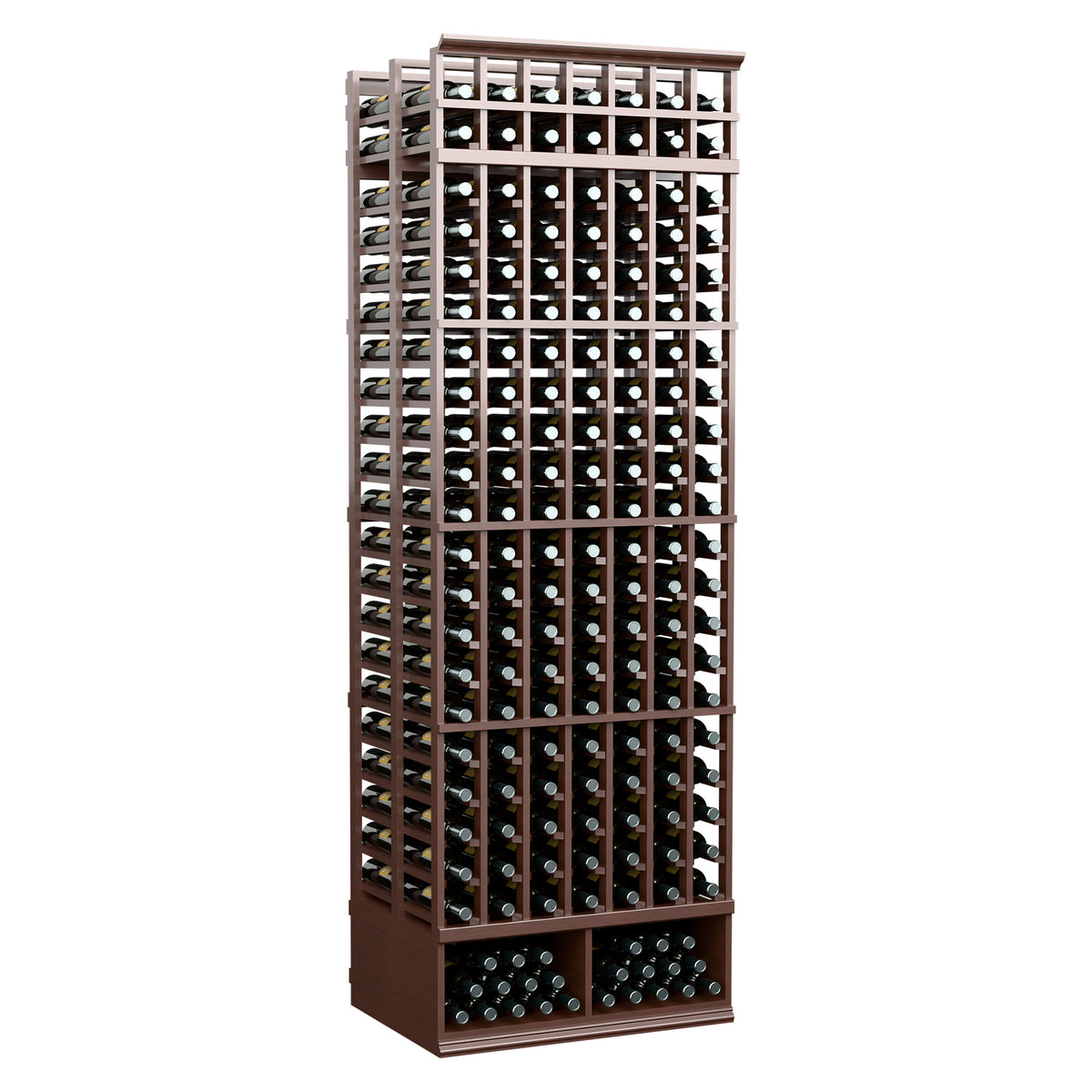 Dark espresso-brown 8-ft double-deep wine bottle rack with 7-column grid openings