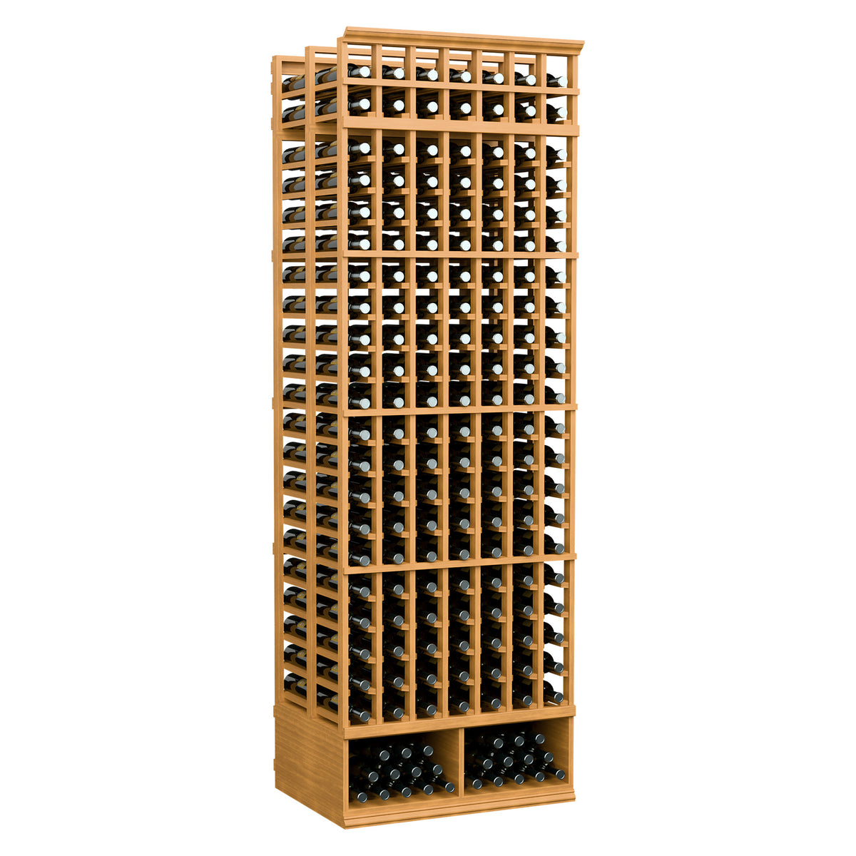 Natural wood 8-ft double-deep wine bottle rack with 7-column grid openings