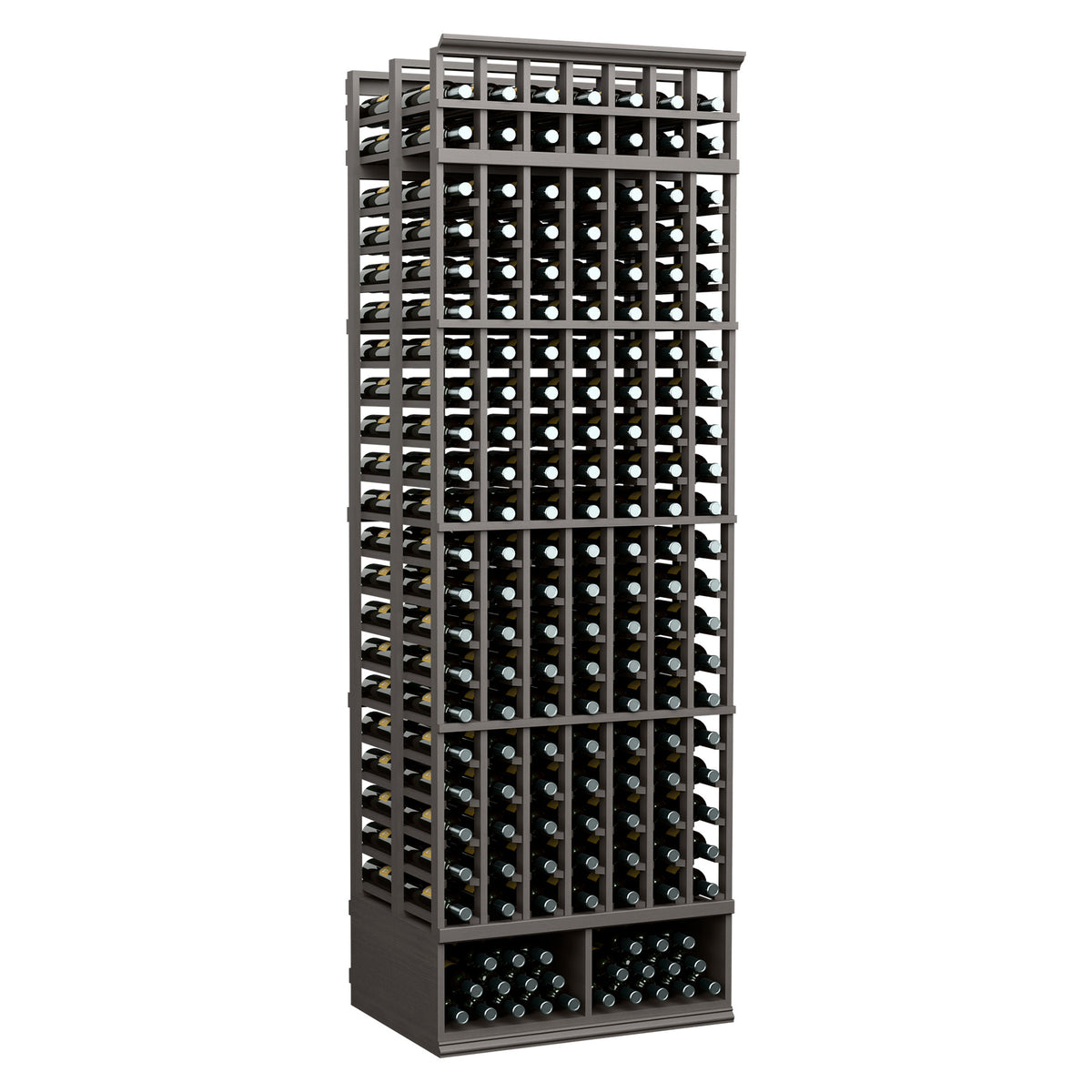 8 ft wine bottle rack with 7 columns, double-deep design, dark finish grid holds bottles
