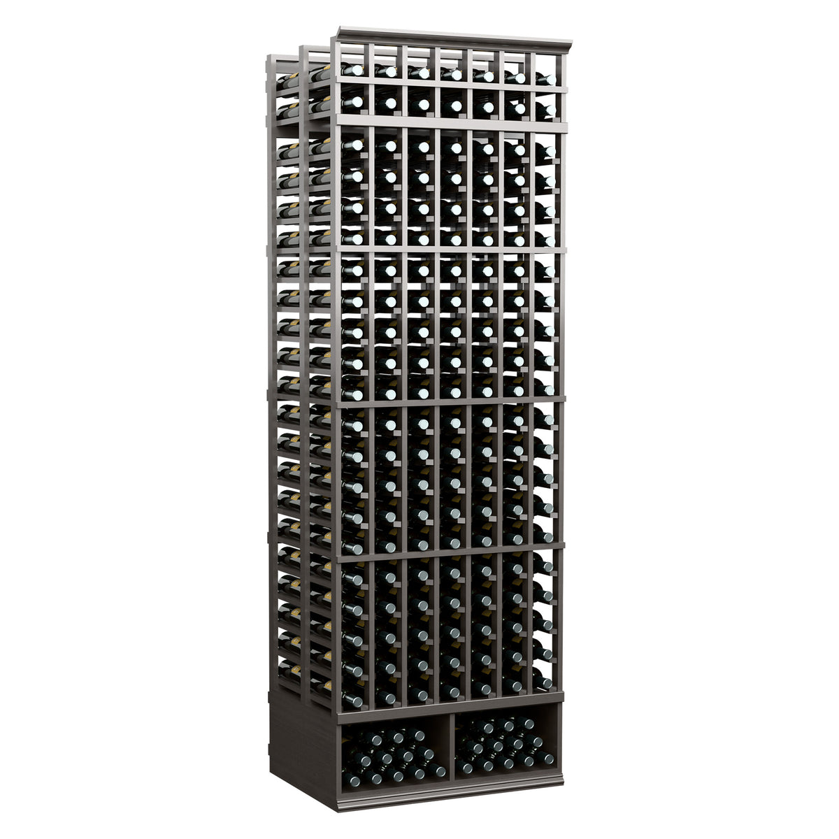 8 ft wine bottle rack with 7 columns, double-deep design, dark finish holds bottles