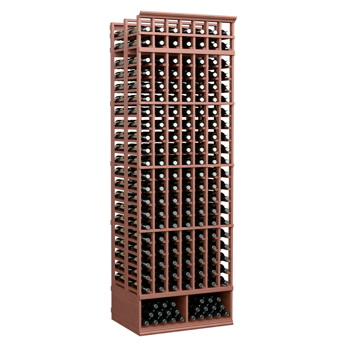 8 ft wine bottle rack with 7 columns, double-deep design, reddish wood-tone finish holds bottles