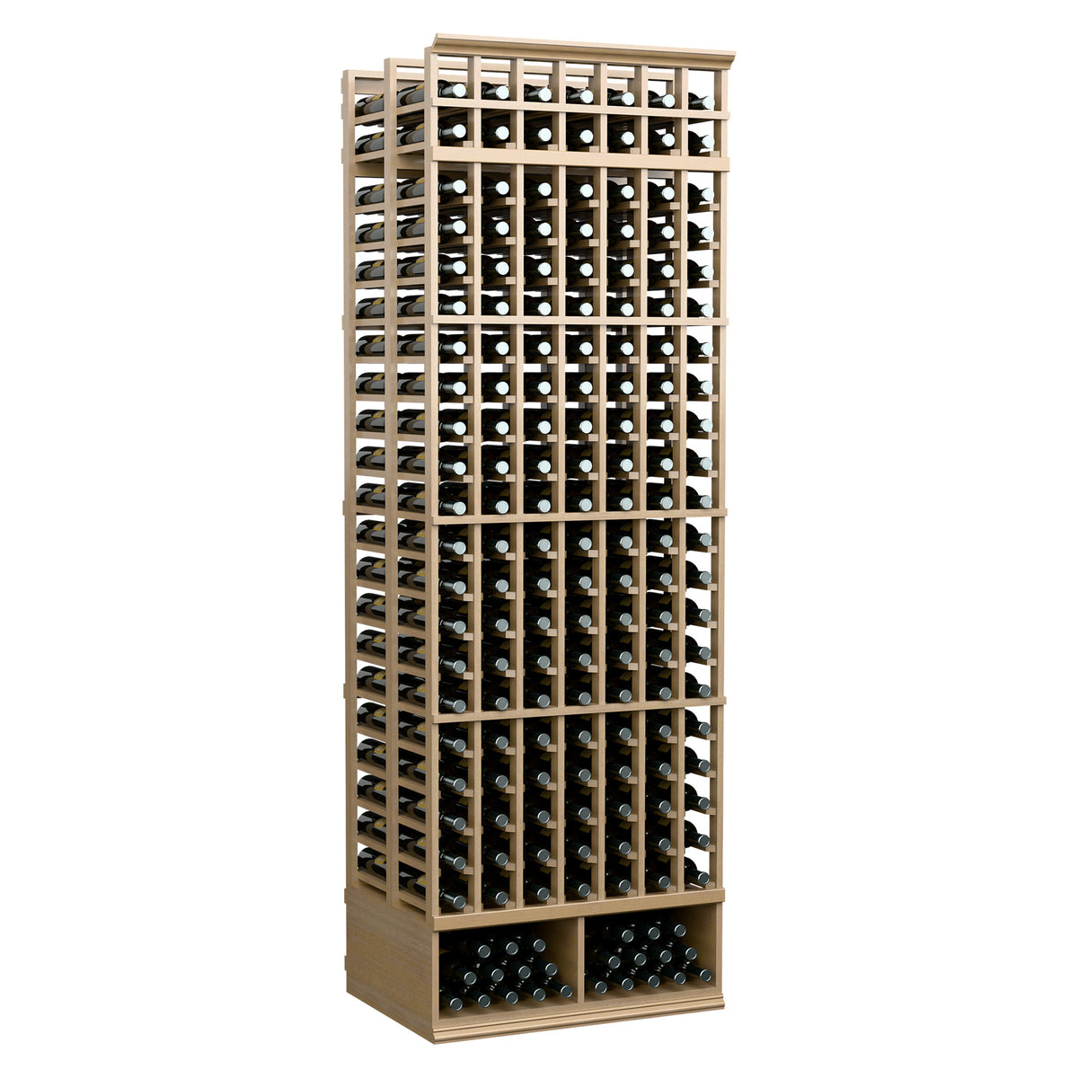 8 ft wine bottle rack with 7 columns, double-deep design, light wood-tone finish holds bottles