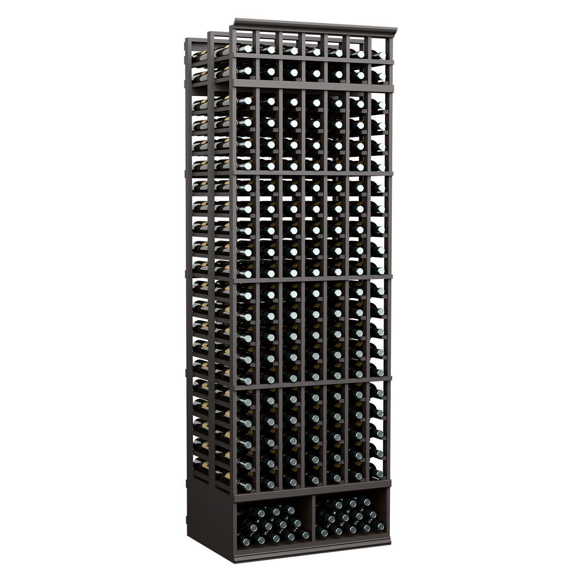8 ft wine bottle rack with 7 columns, double-deep design, dark finish holds bottles