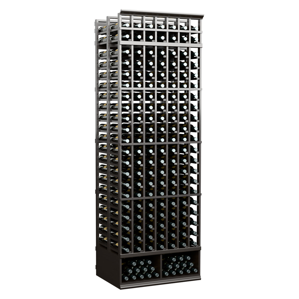8 ft wine bottle rack with 7 columns, double-deep design, dark finish grid holds bottles