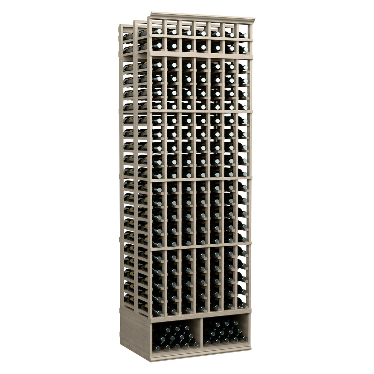 7-column double-deep wine rack, 8 ft, gray wood frame with bottle slots