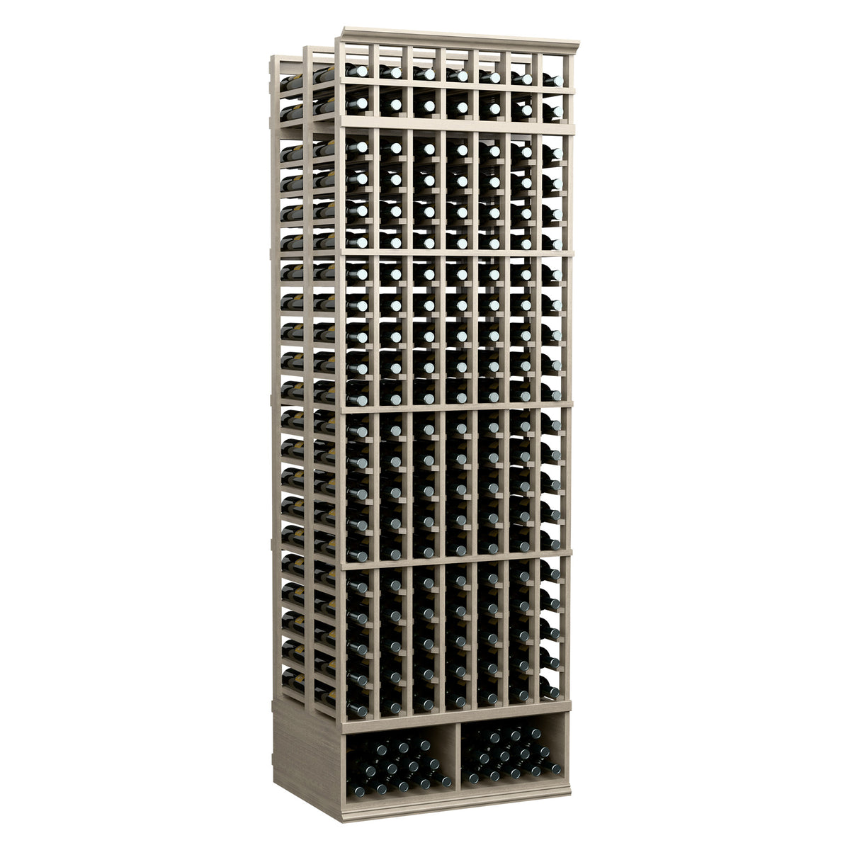7-column double-deep wine rack, 8 ft, gray wood frame with bottle slots