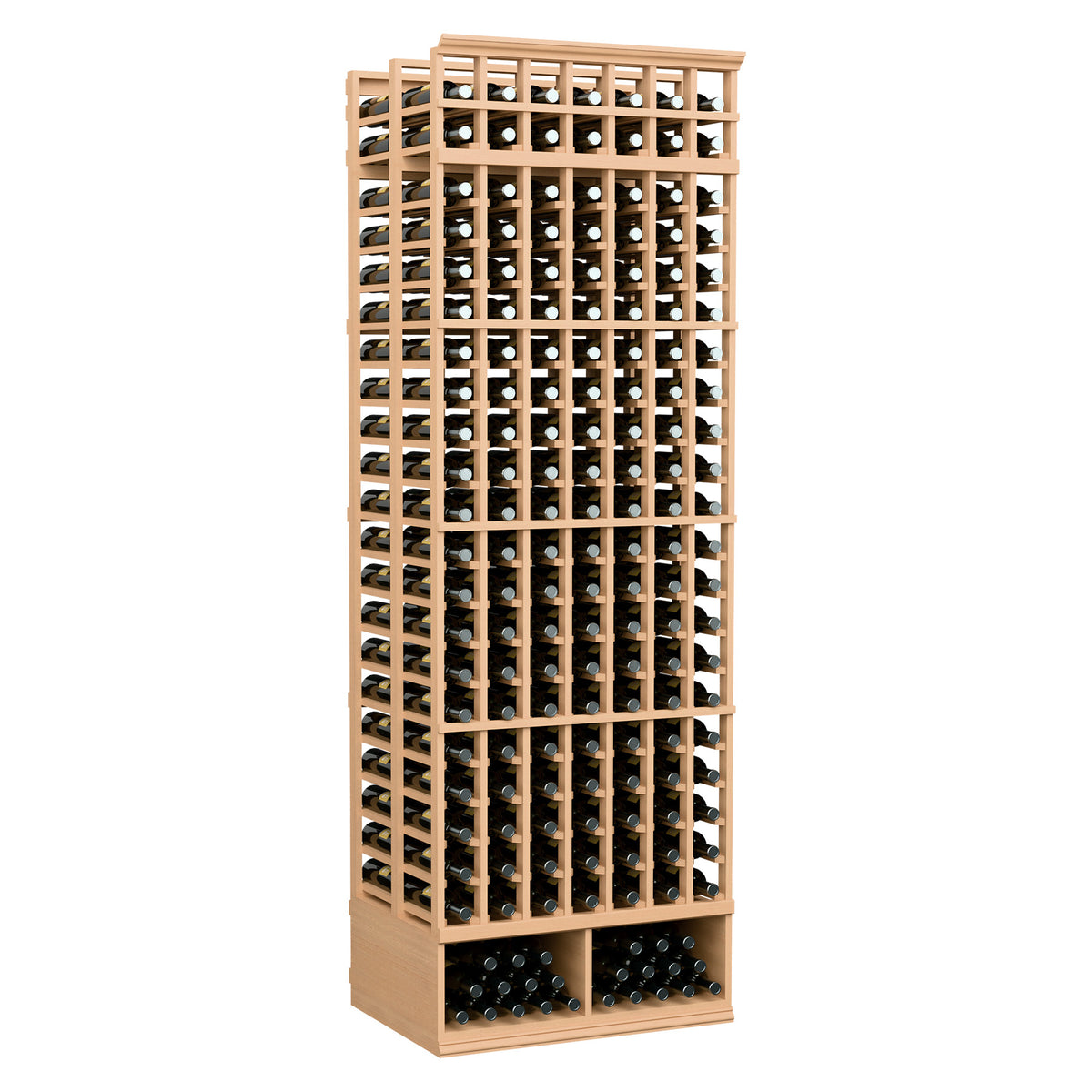 7-column double-deep wine rack, 8 ft, light wood frame with bottle slots