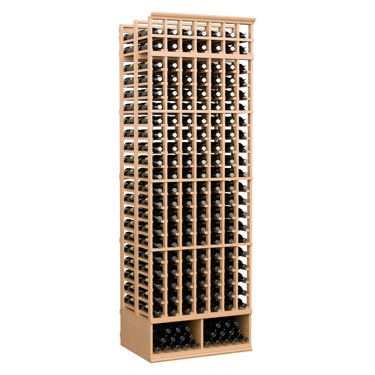 7-column double-deep wine rack, 8 ft, light wood frame with bottle slots