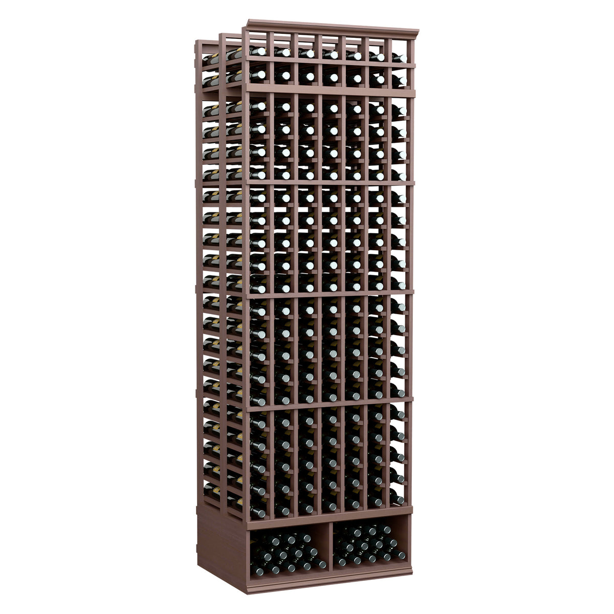 7-column double-deep wine rack, 8 ft, dark wood frame with bottle slots