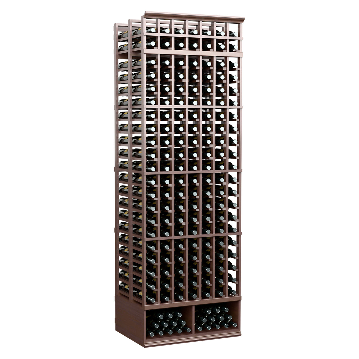 7-column double-deep wine rack, 8 ft, dark wood frame with bottle slots