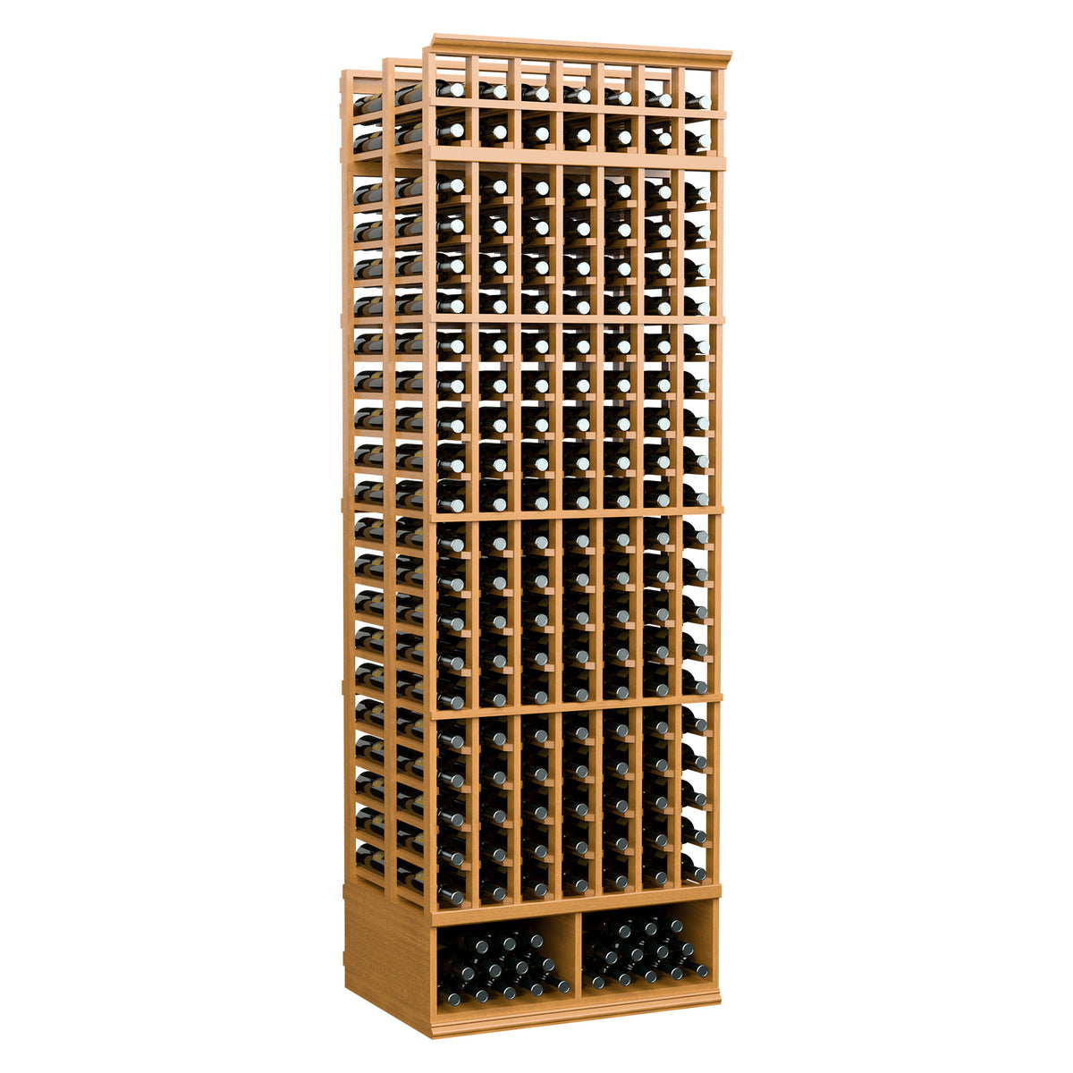 7-column double-deep wine rack, 8 ft, natural wood frame with bottle slots