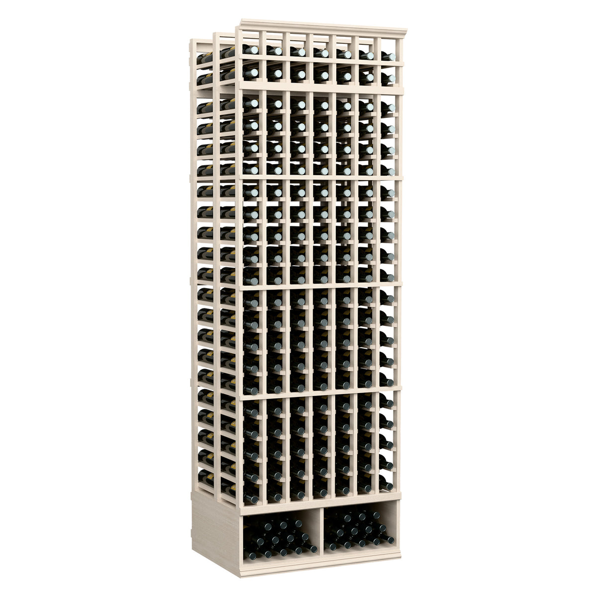 7-column double-deep wine rack, 8 ft, pale gray wood frame with bottle slots