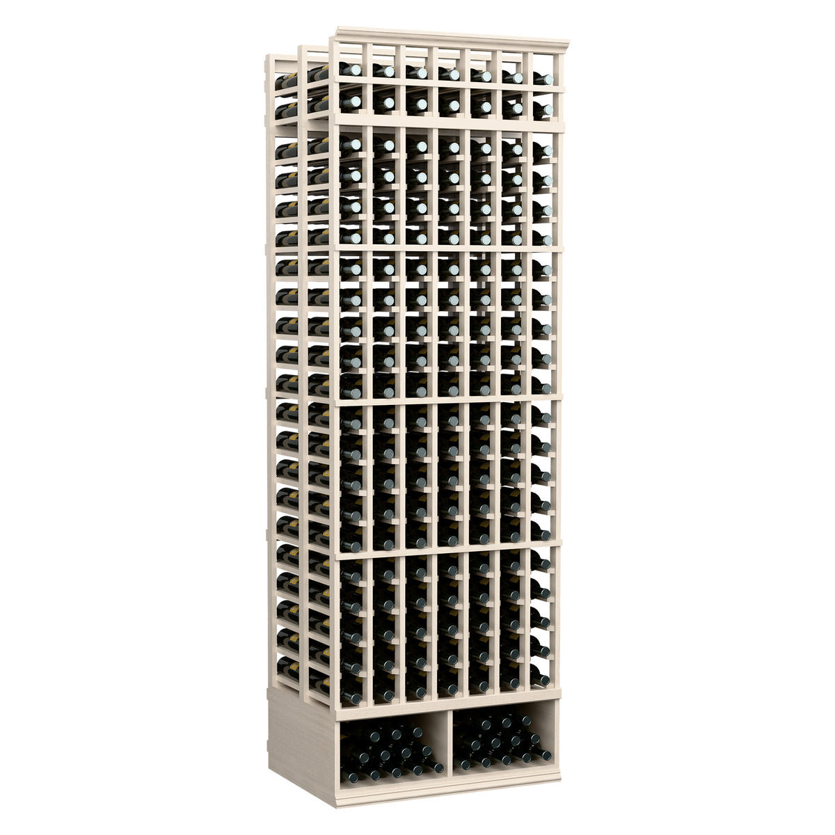 7-column double-deep wine rack, 8 ft, pale gray wood frame with bottle slots