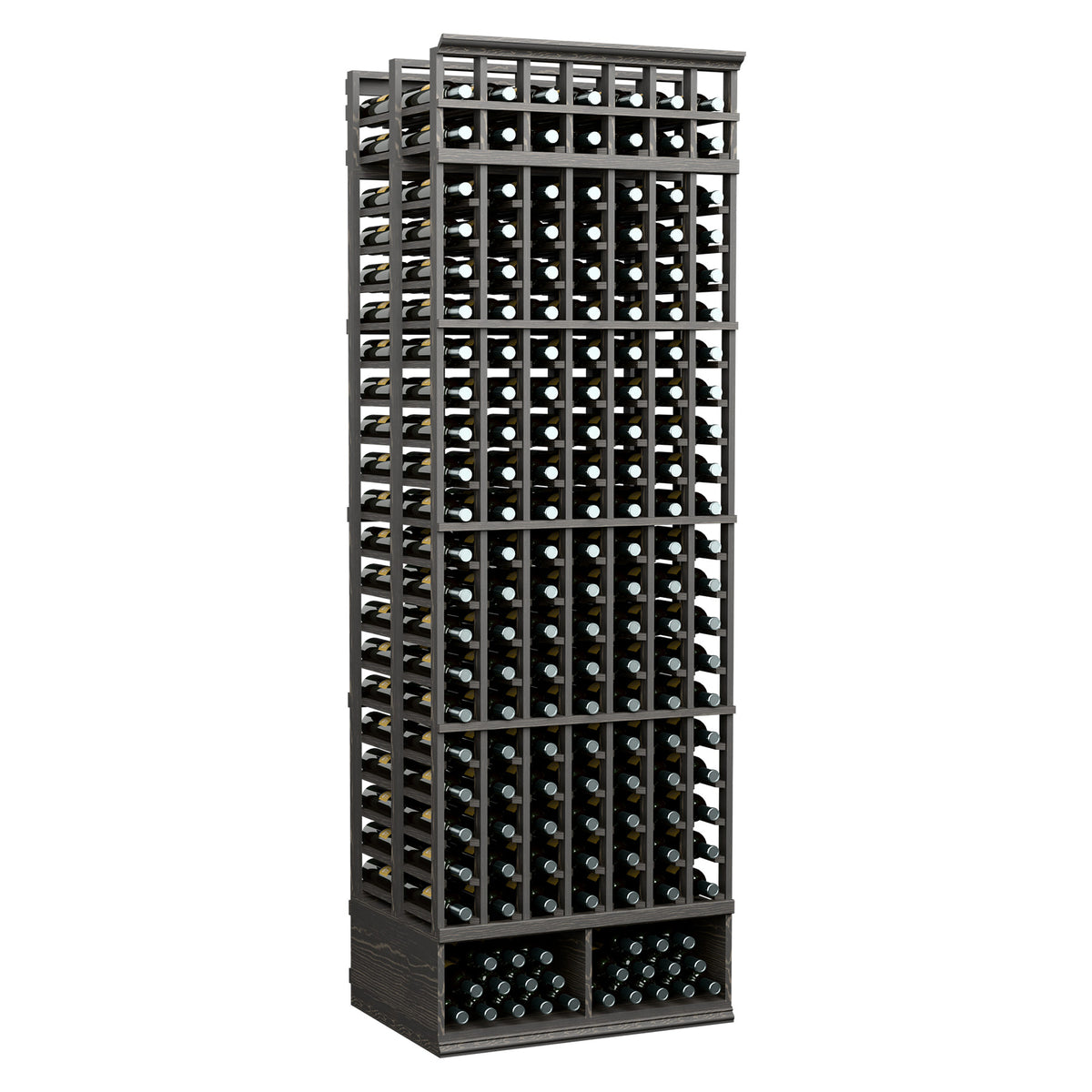 7-column double-deep wine bottle rack with black frame and bottle openings