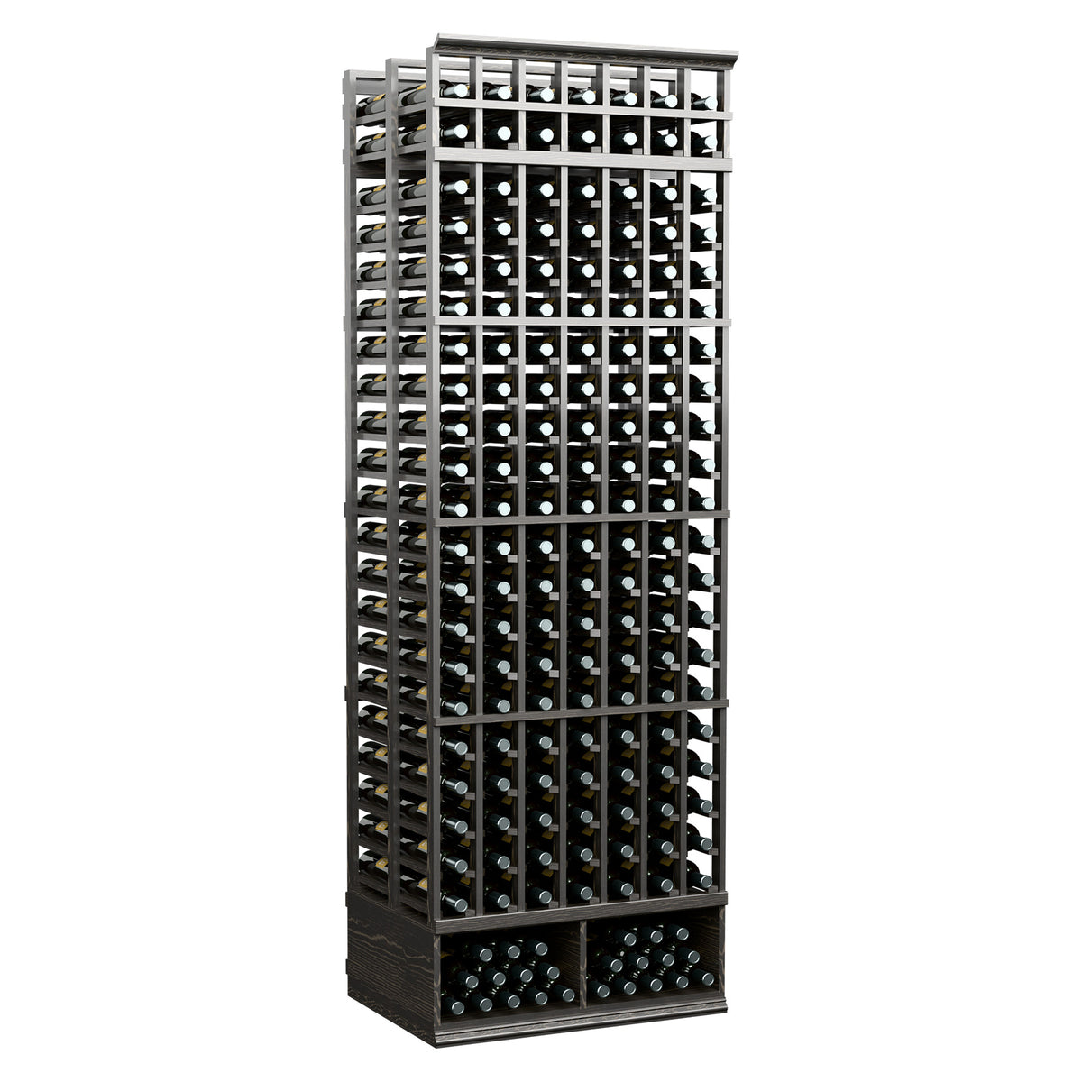 7-column double-deep wine bottle rack with dark frame and front bottle slots