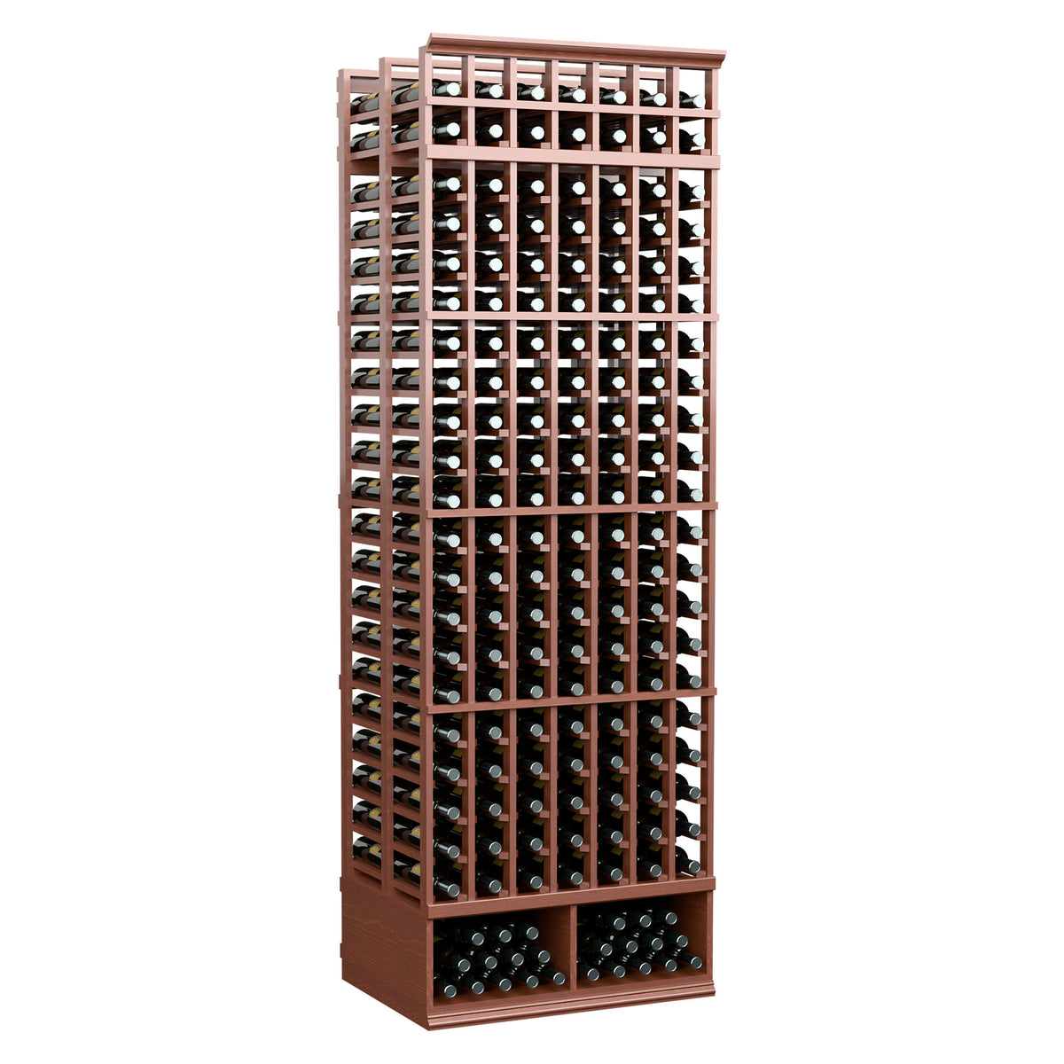 7-column double-deep wine bottle rack with red-brown wood frame and glass bottle openings