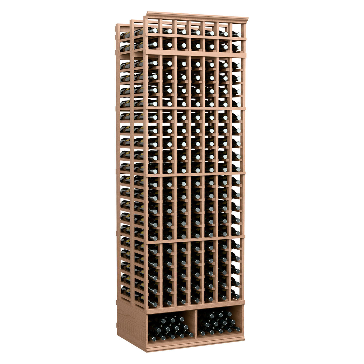 7-column double-deep wine bottle rack with light wood frame and bottle openings