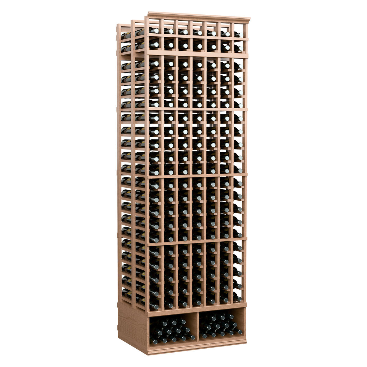 7-column double-deep wine bottle rack with natural wood frame and front bottle slots