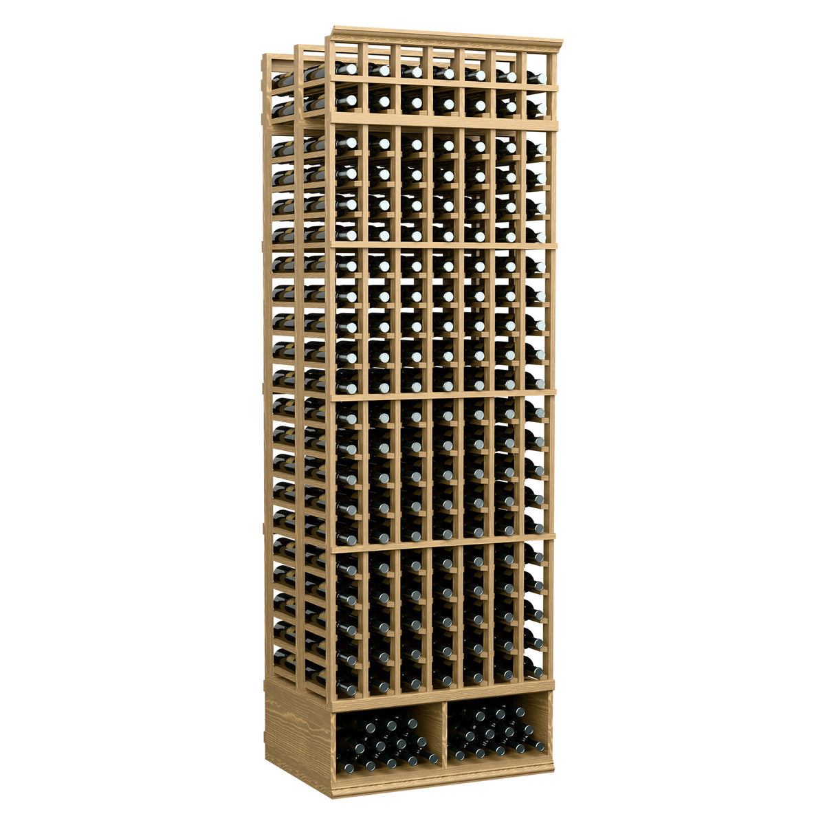 7-column double-deep wine bottle rack with tan wood frame and bottle openings