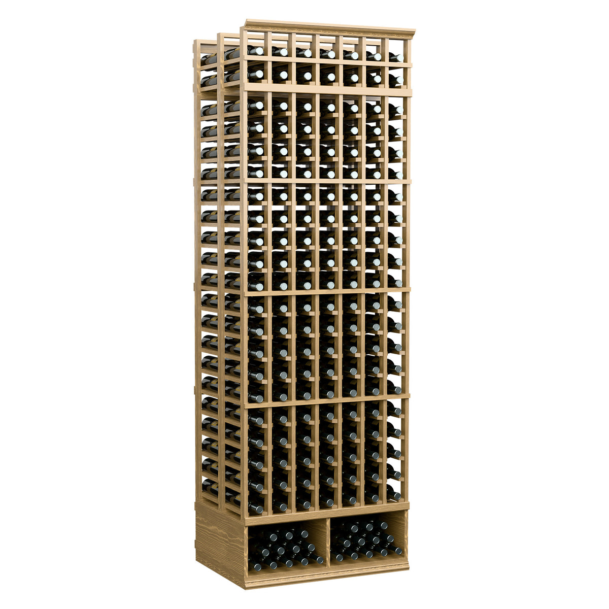 7-column double-deep wine bottle rack with pale wood frame and front bottle slots