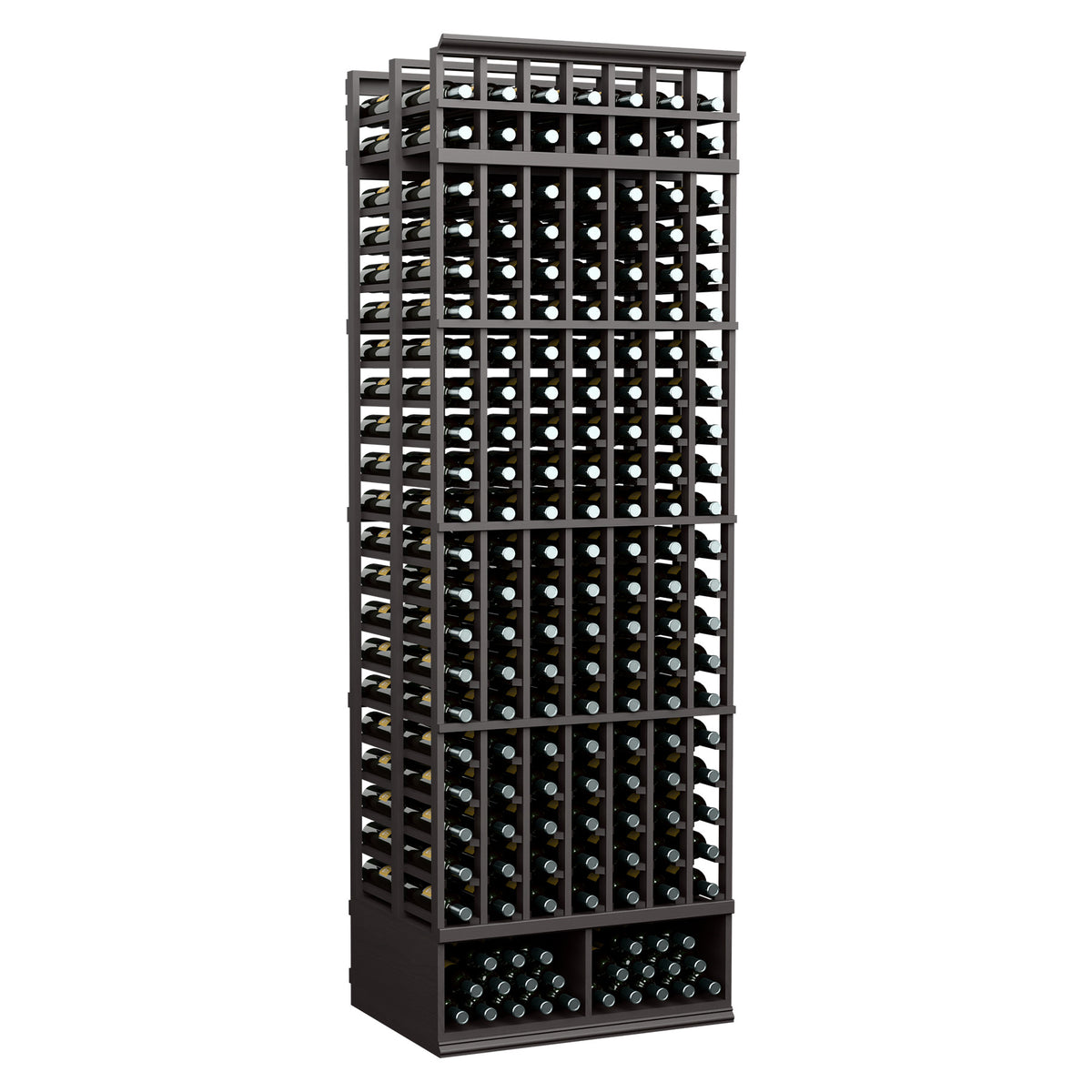 7-column double-deep wine bottle rack with black frame and many bottle openings