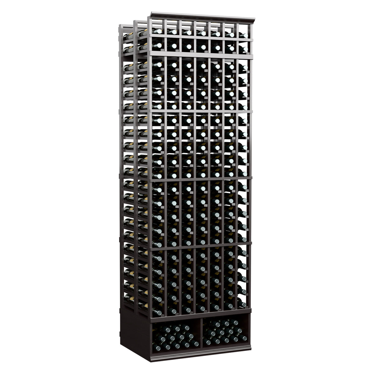 7-column double-deep wine bottle rack with dark frame and stacked bottle slots