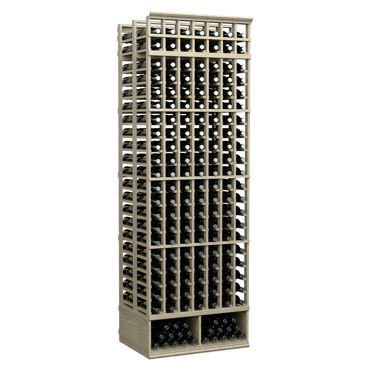 Double deep 8 ft wine bottle storage rack with light wood frame and front row dividers