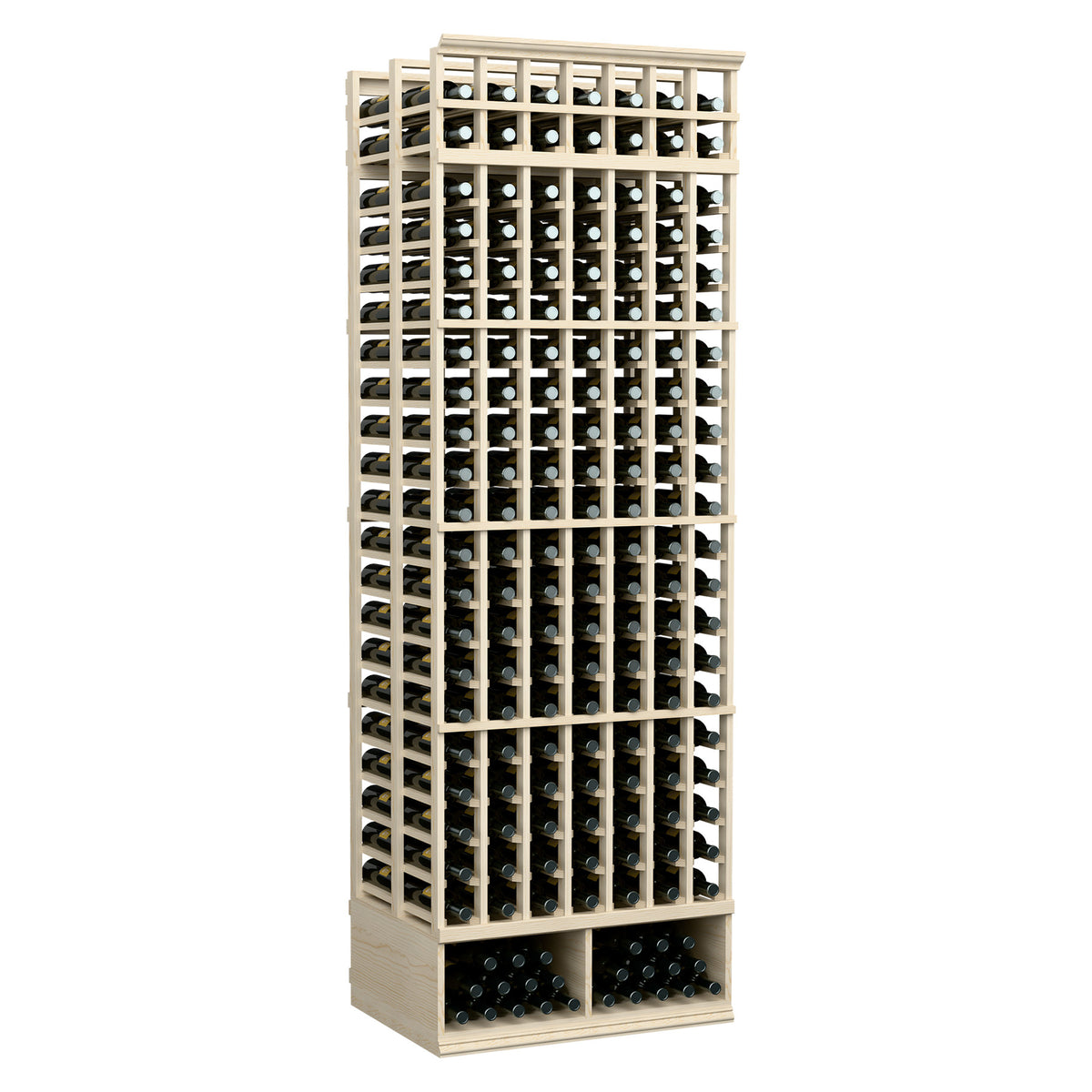 Double deep 8 ft wine bottle storage rack with light wood frame and many bottle slots