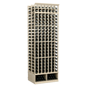 Double deep 8 ft wine bottle storage rack with light wood frame and many bottle slots