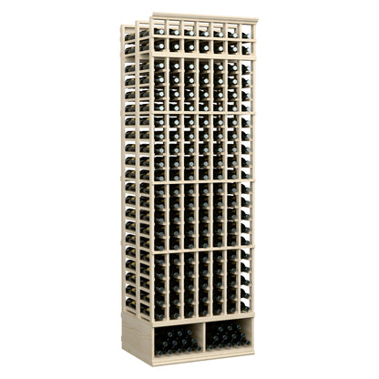 Double deep 8 ft wine bottle storage rack with light wood frame and many bottle slots