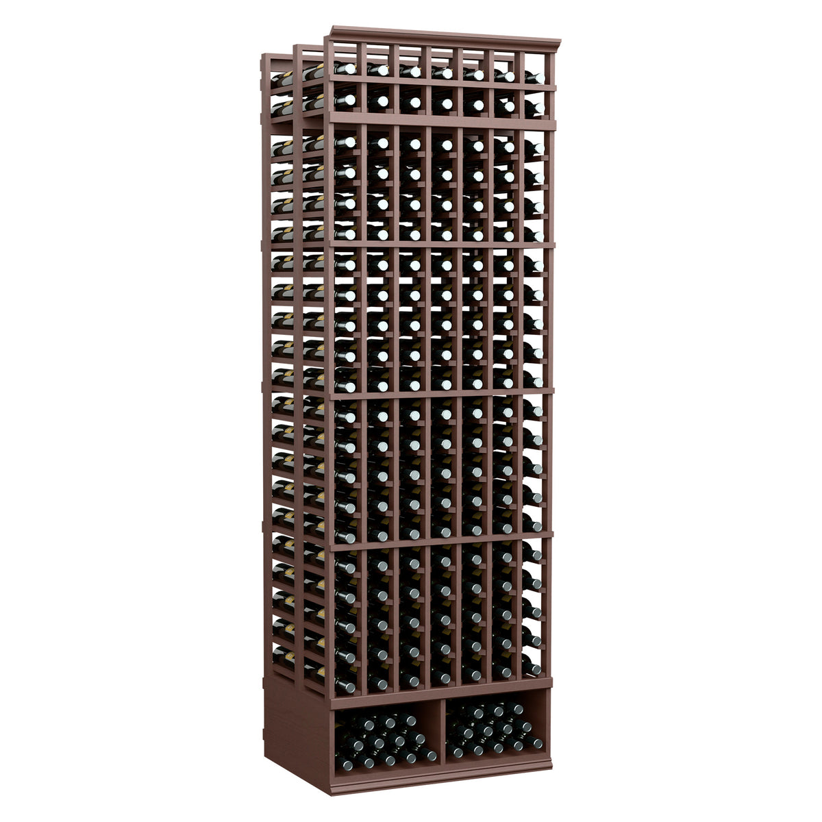 Double deep 8 ft wine bottle storage rack with dark wood frame and bottle slot grid