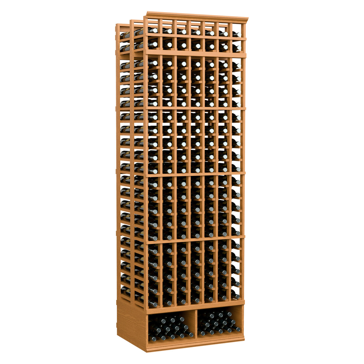 Double deep 8 ft wine bottle storage rack with warm wood frame and bottle slot grid