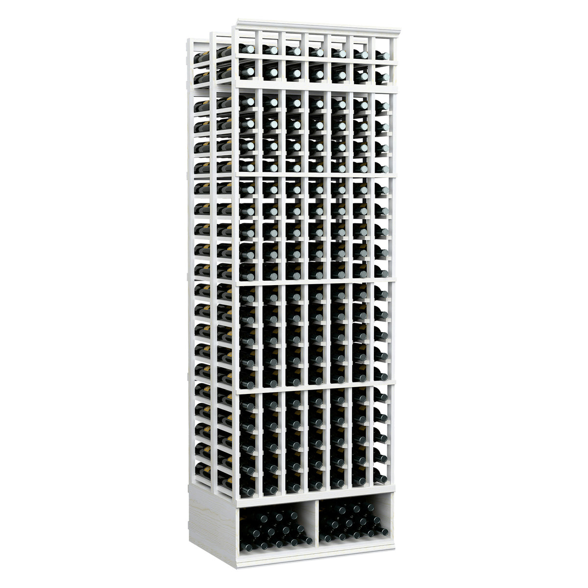 Double deep 8 ft wine bottle storage rack with white wood frame and bottle slot grid