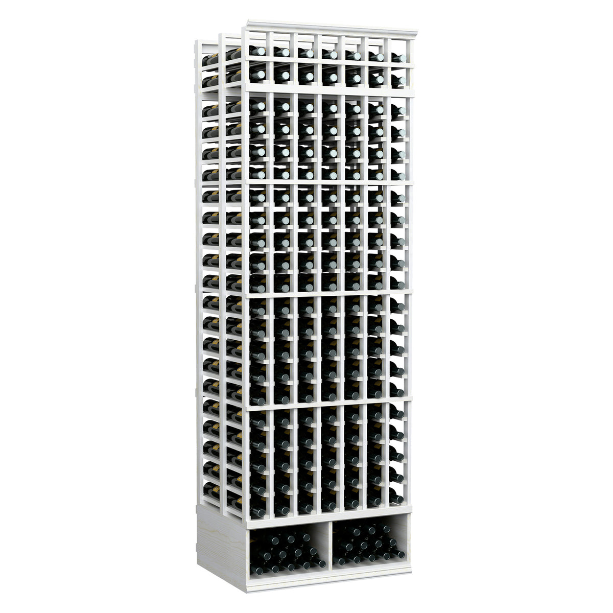 Double deep 8 ft wine bottle rack with white wood frame and front base bottle slots