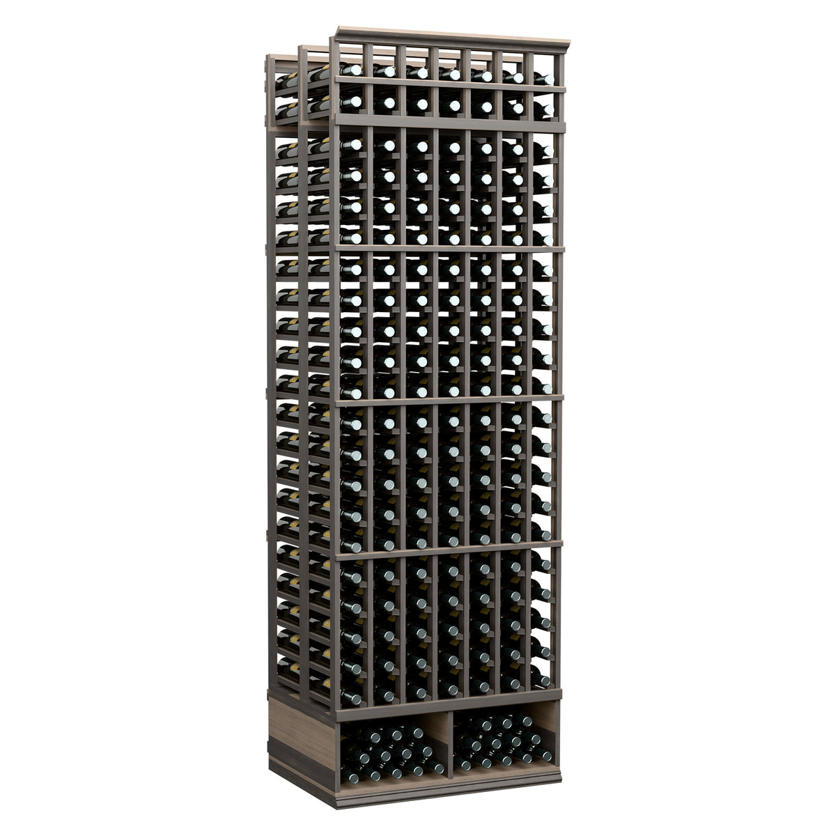 8ft double deep wine rack with 7 columns, dark frame and bottle-capture grid
