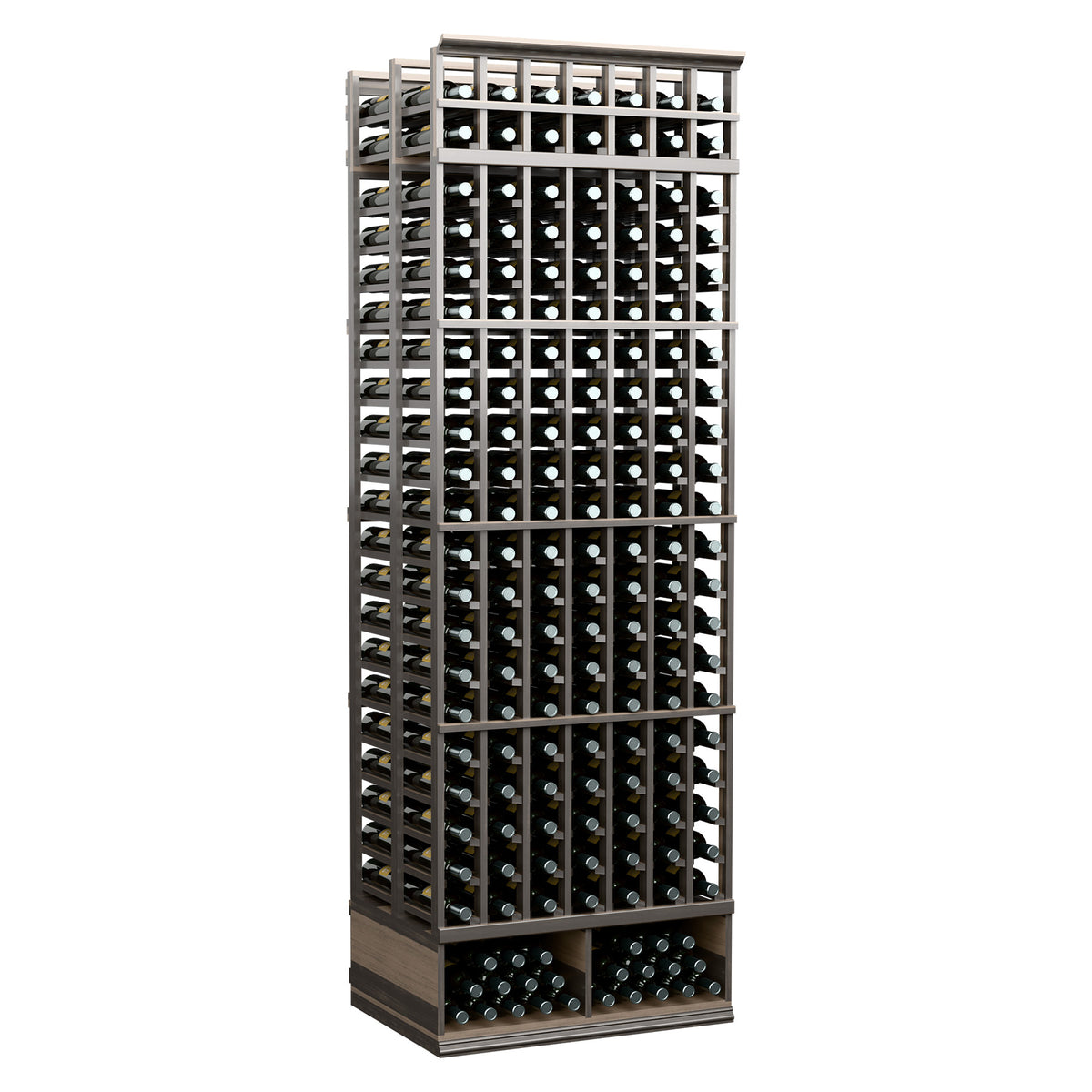 8ft double deep wine rack, dark finish with 7 vertical columns and bottle slots