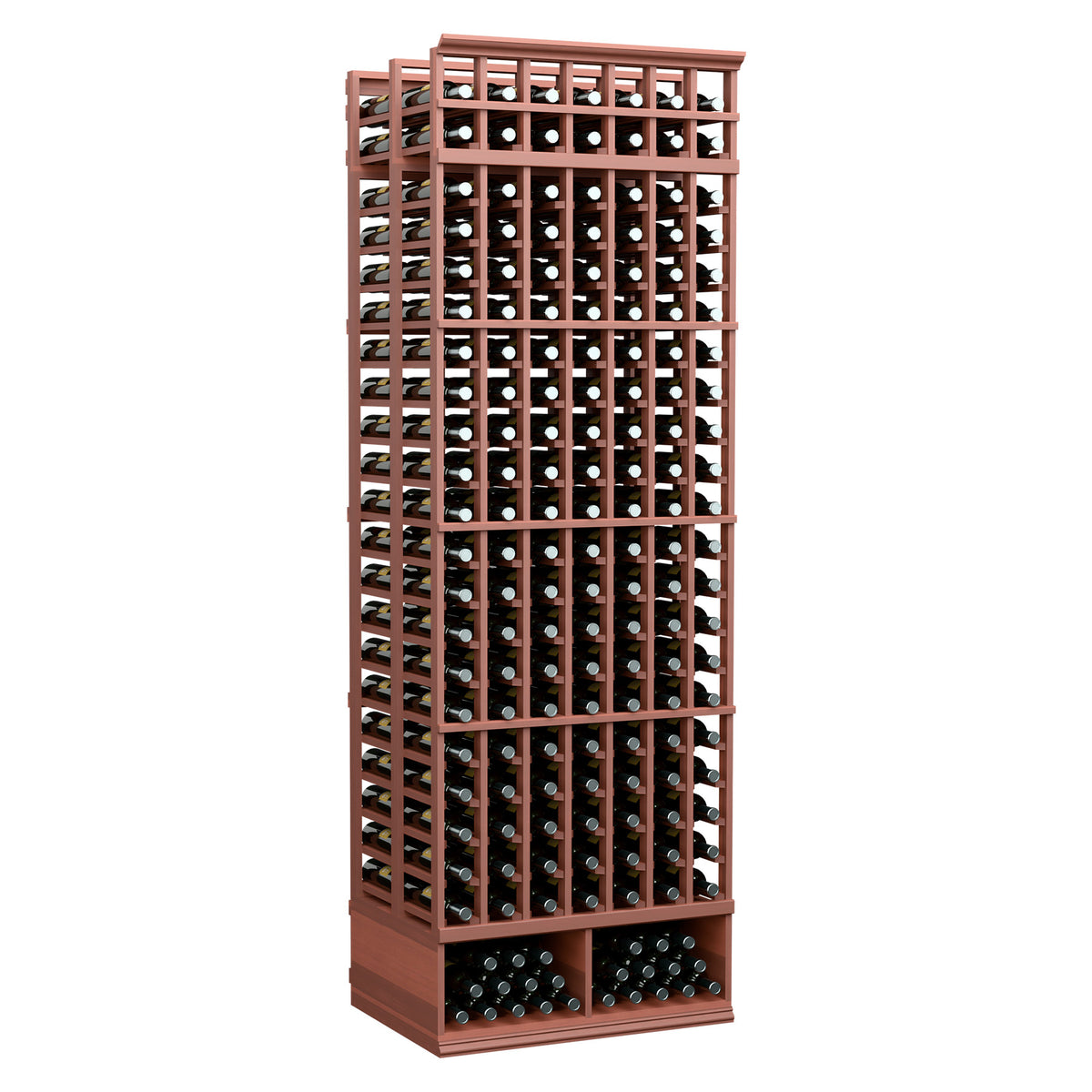 8ft double deep wine rack with 7 columns, warm red-brown frame and bottle slots