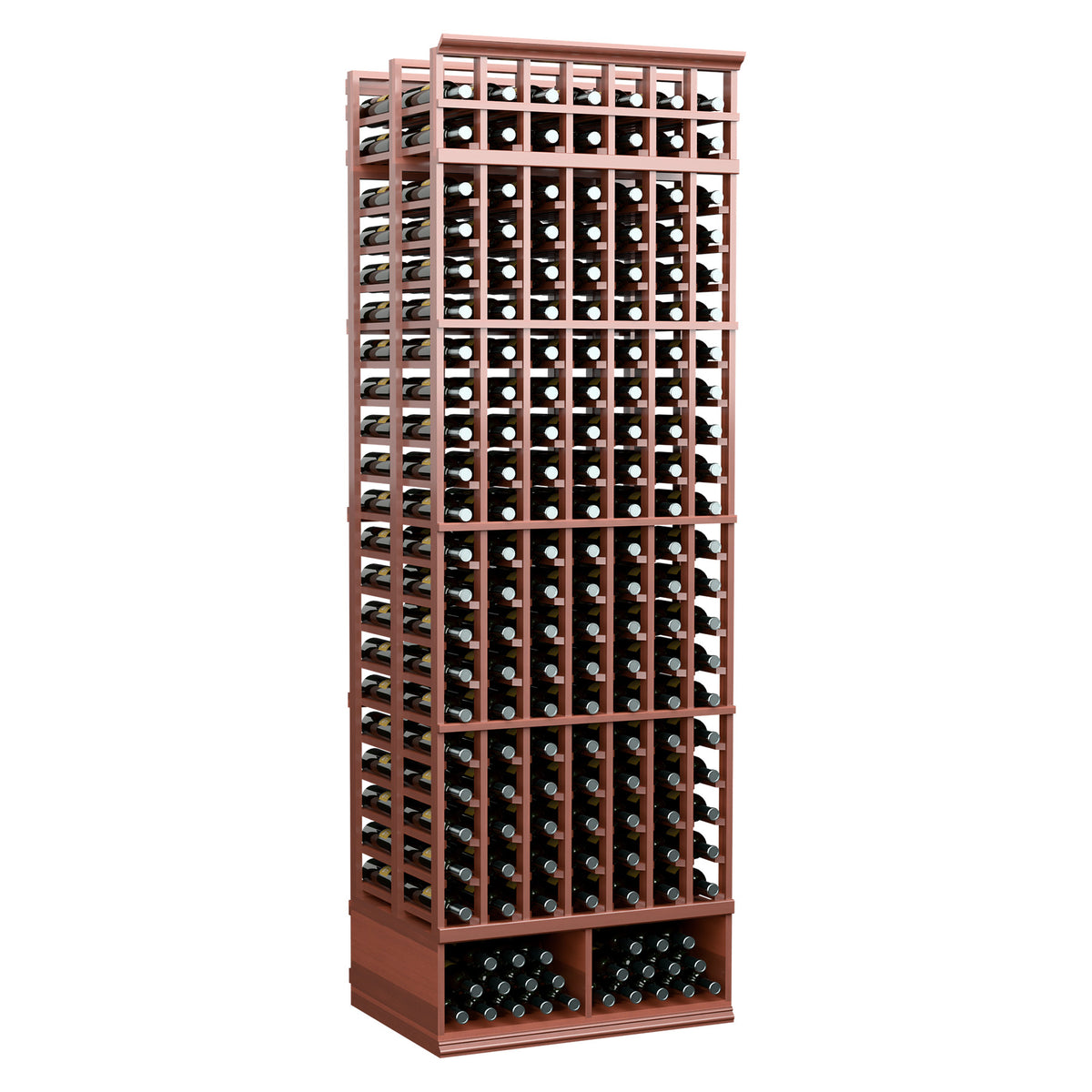 8ft double deep wine rack, red-brown finish with 7 columns and bottle-capture grid