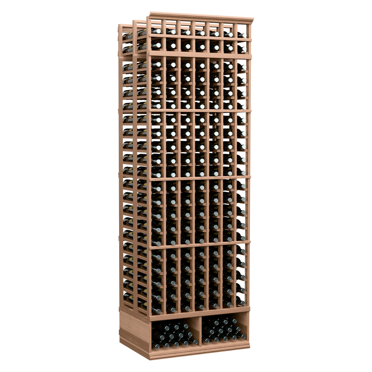 8ft double deep wine rack, light natural wood frame with 7 columns and bottle slots