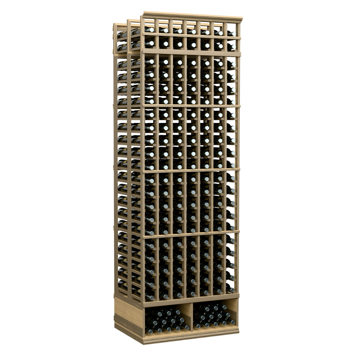 8ft double deep wine rack with 7 columns, beige/light frame and bottle slots