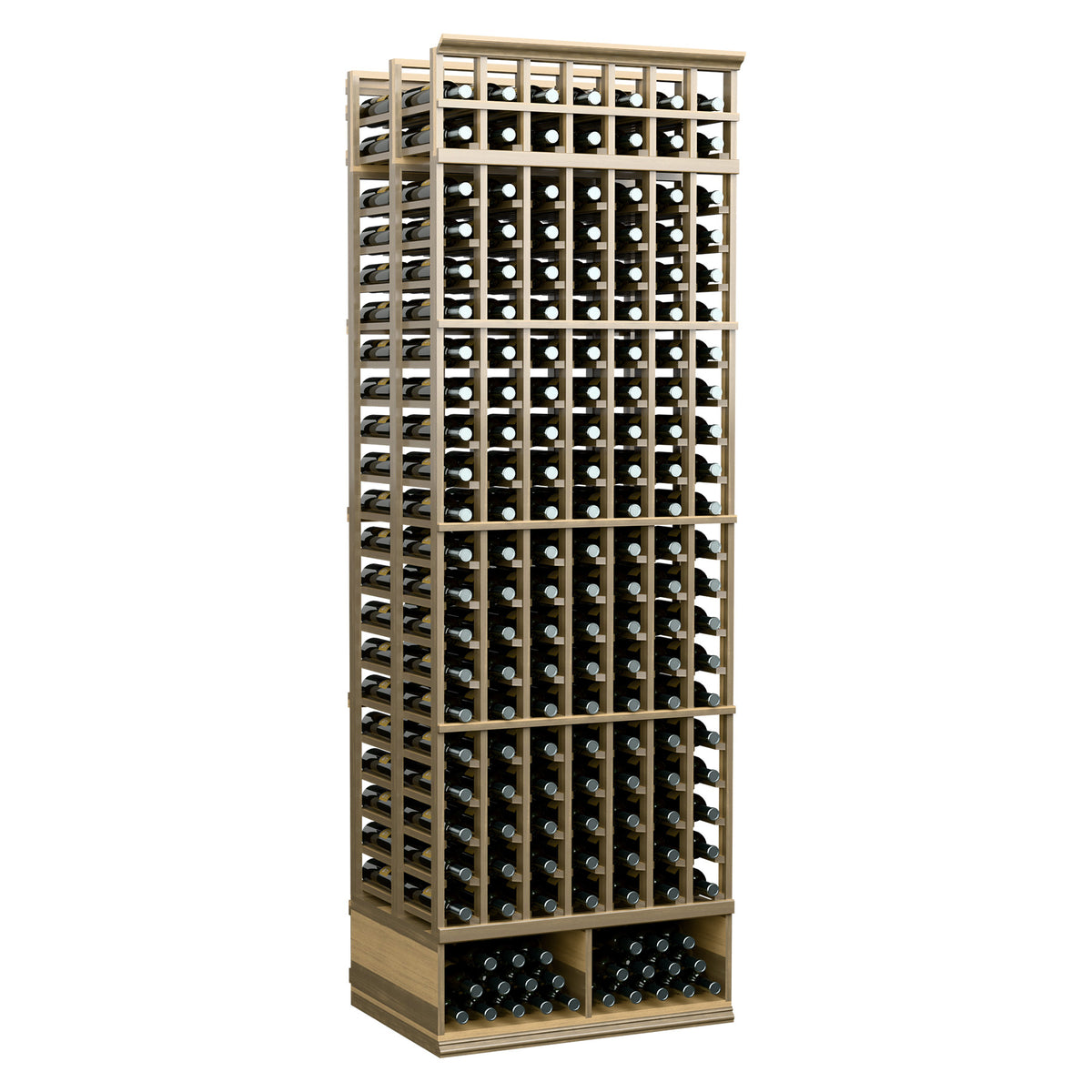 8ft double deep wine rack, pale wood finish with 7 vertical columns and bottle slots