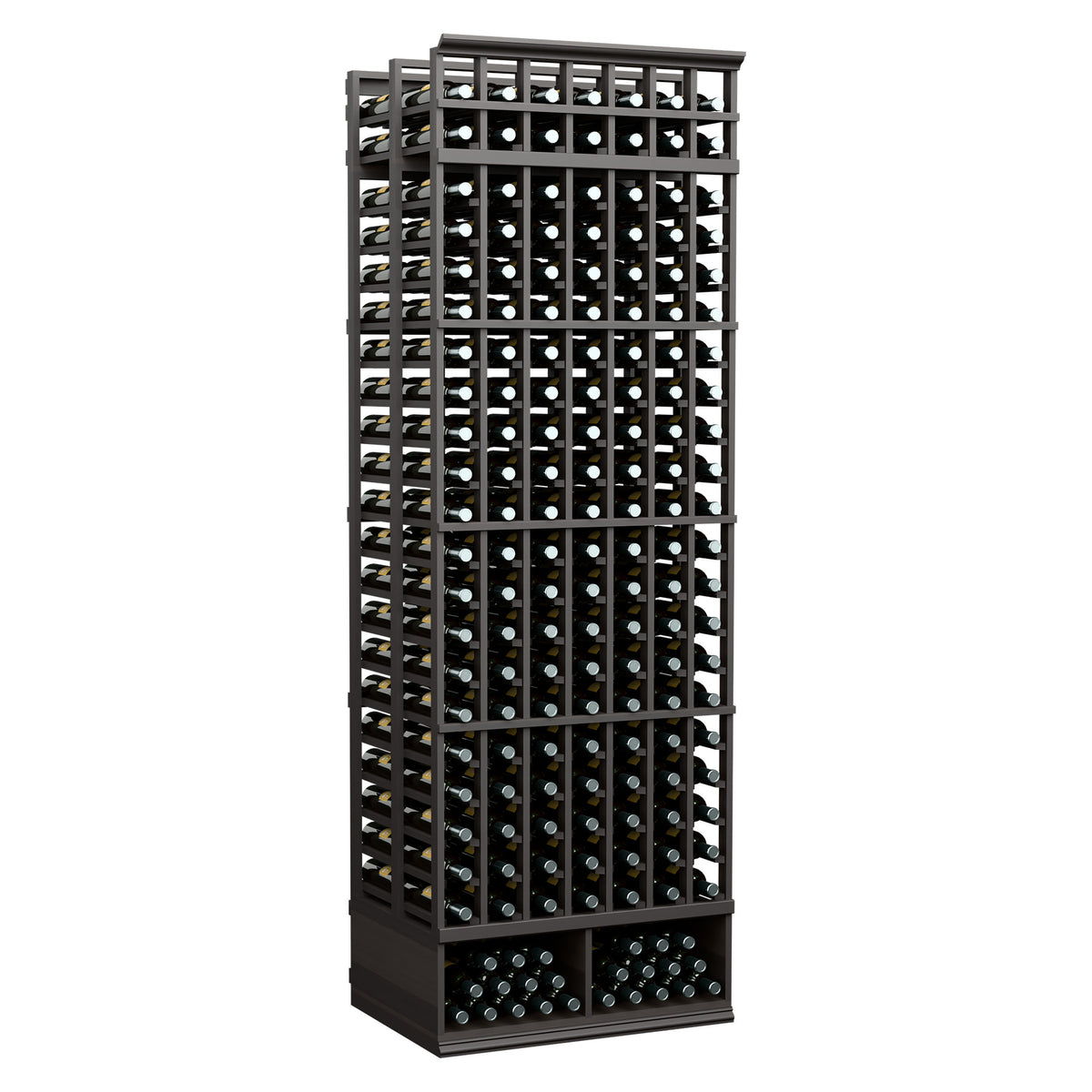 8ft double deep wine rack with 7 columns, dark gray frame and bottle-capture grid
