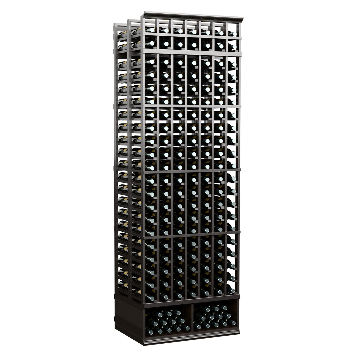 8ft double deep wine rack, dark finish with 7 columns and wine bottle storage slots