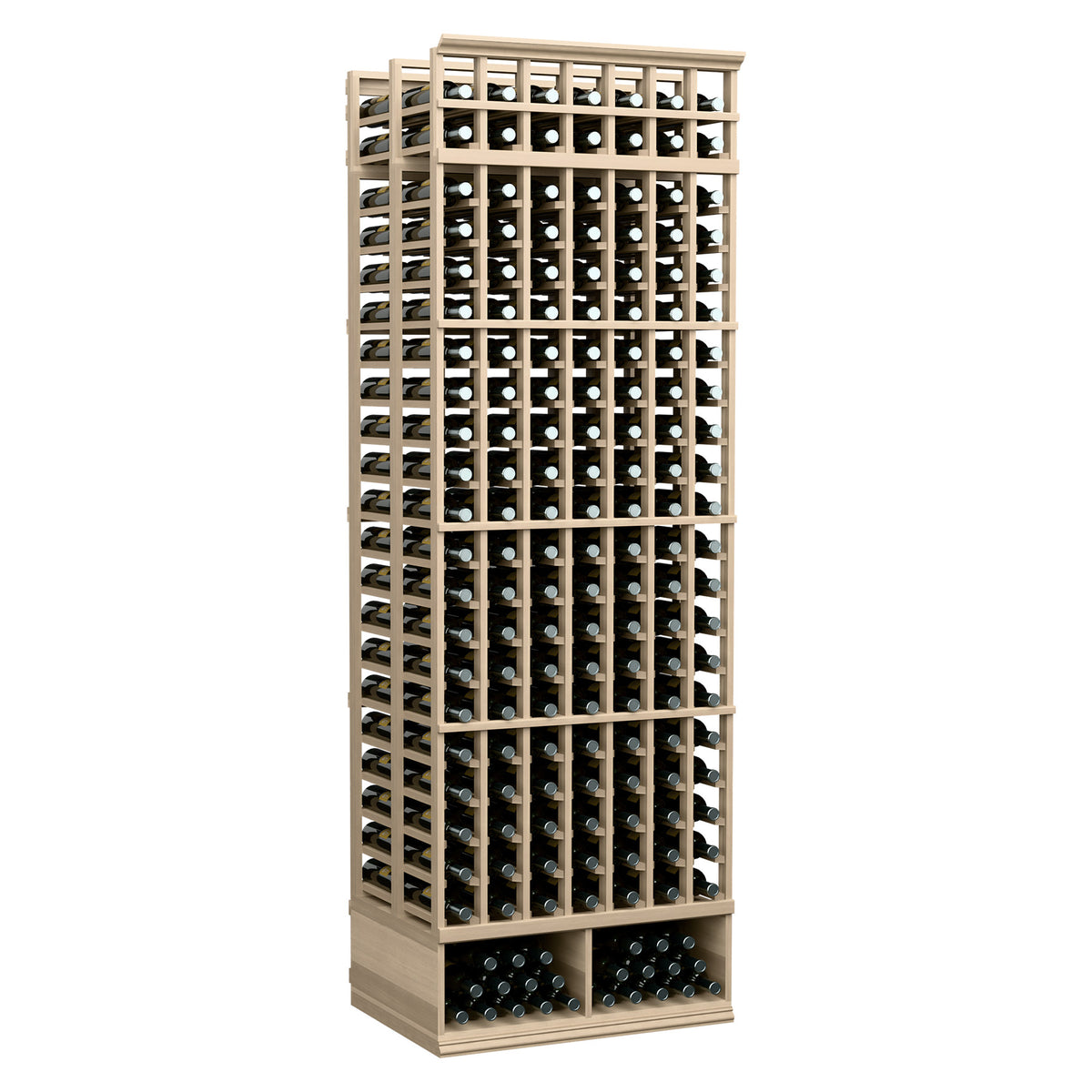 8 ft double-deep wine bottle rack, light wood frame with 7 columns and grid slots